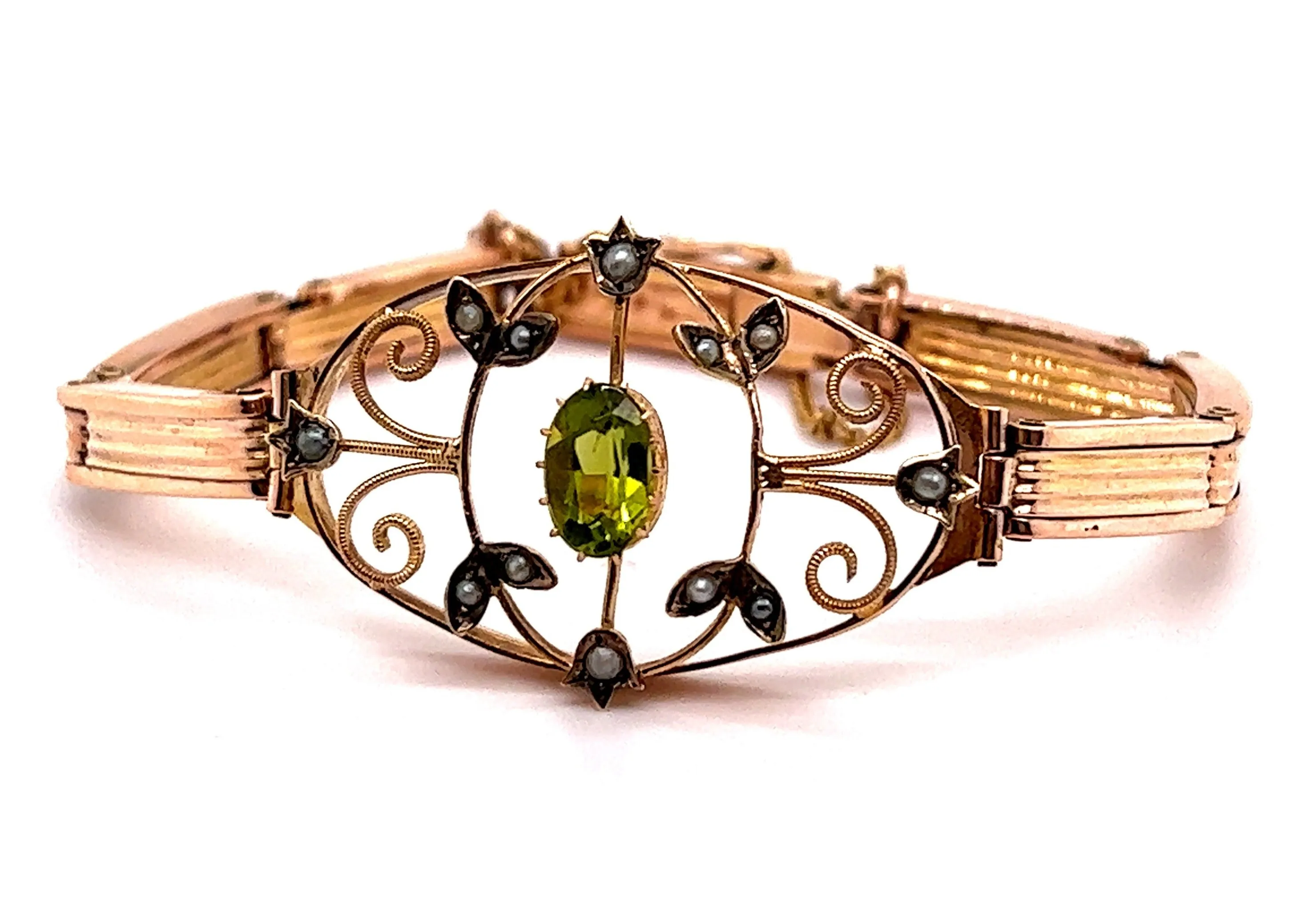 9ct Yellow Gold Peridot & Seed Pearl Antique Edwardian Bracelet