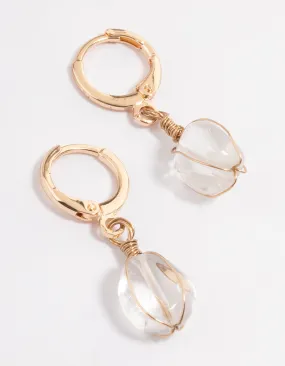 Gold Clear Quartz Wire Wrap Huggie Earrings