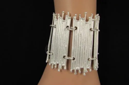Gold Silver Metal Wide Elastic Stretch Bracelet Bamboo Plates