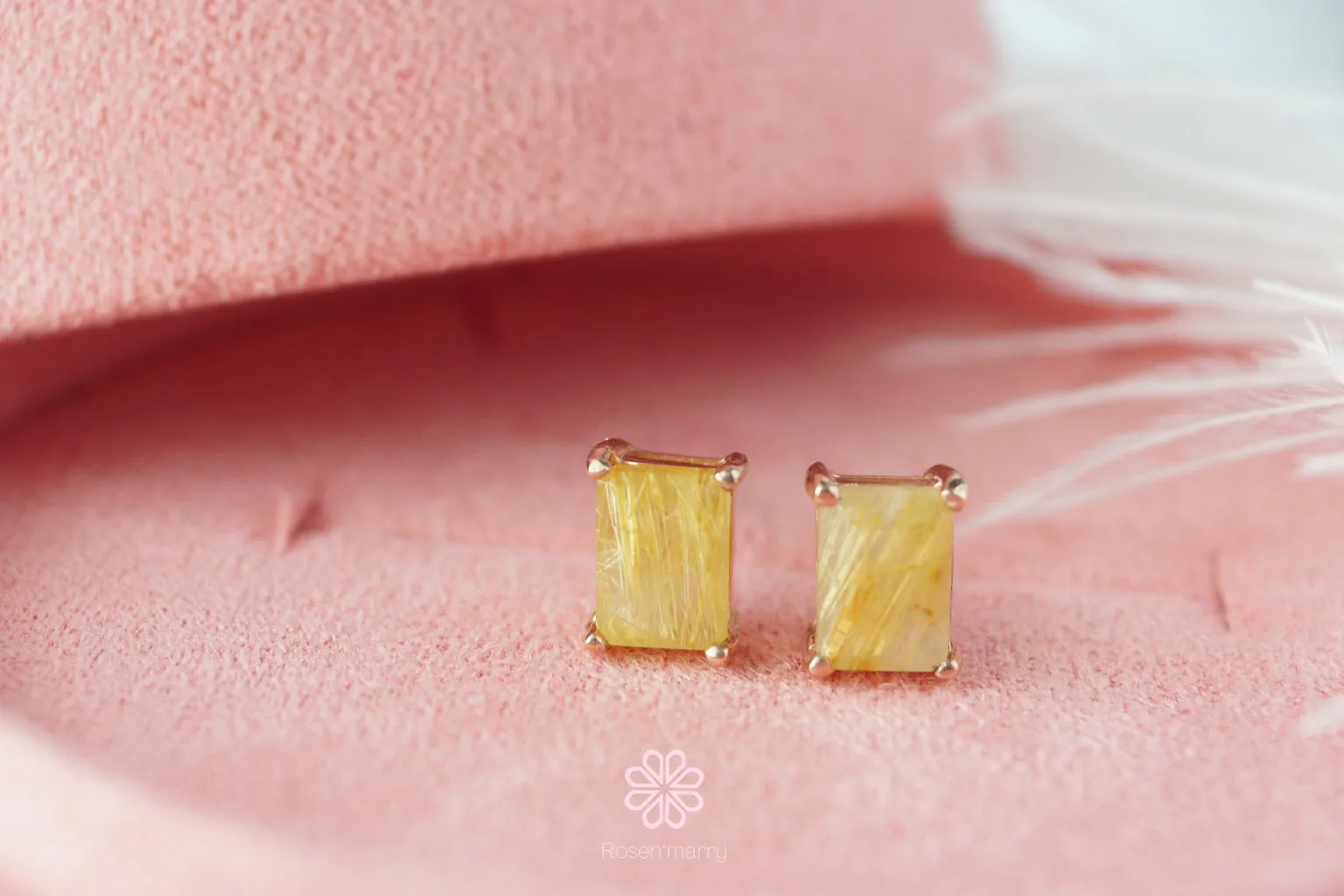 Natural Golden Rutilated Quartz Earrings Sterling Silver925 With Rose Gold Plated.