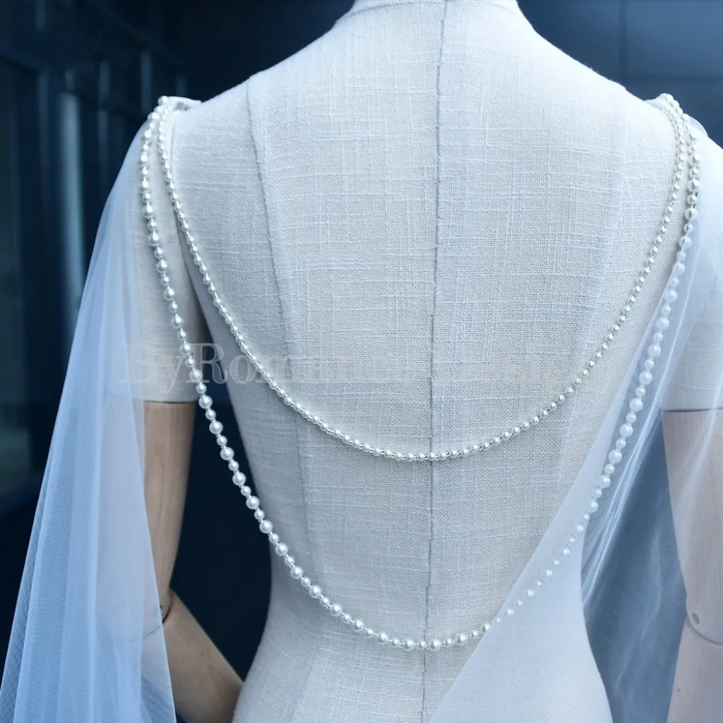 pearl chain ornament long wedding dress cap ,tulle cape
