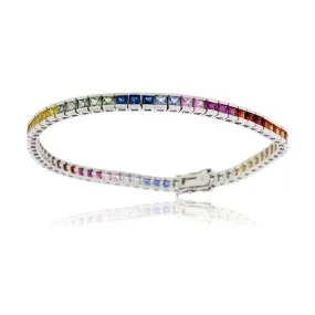 Princess Cut White Gold Rainbow Sapphire Bracelet