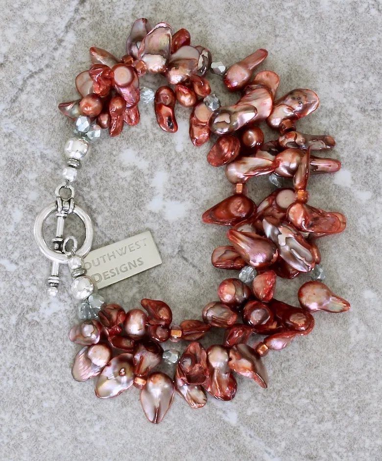Rose-Colored Keshi Pearl 3-Strand Bracelet with Translucent Silver Czech Fire Polished Glass, Copper-Rose Rondelle Beads, and a Sterling Silver Toggle Clasp