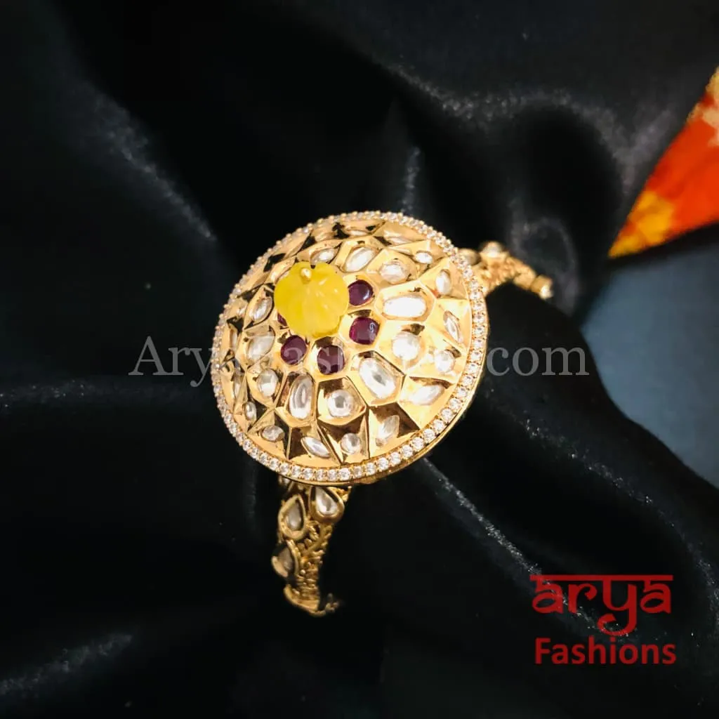 Veera Round Dial Jadau Kundan Rajwadi Openable Bracelet/ Jaipuri Pacchi Kundan Bracelet